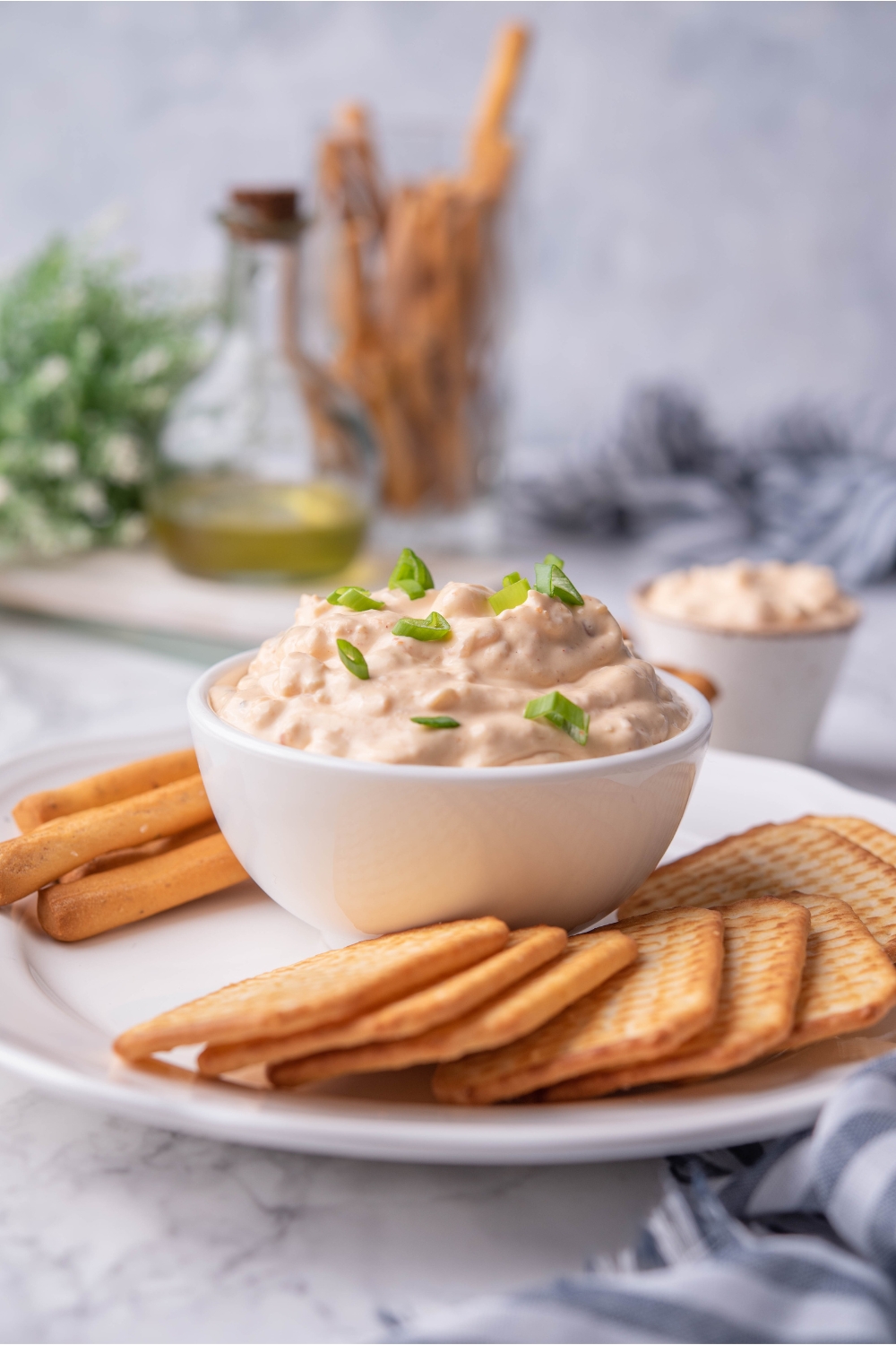 Shrimp dip garnished with diced green onion in a white bowl atop a white plate filled with crackers.