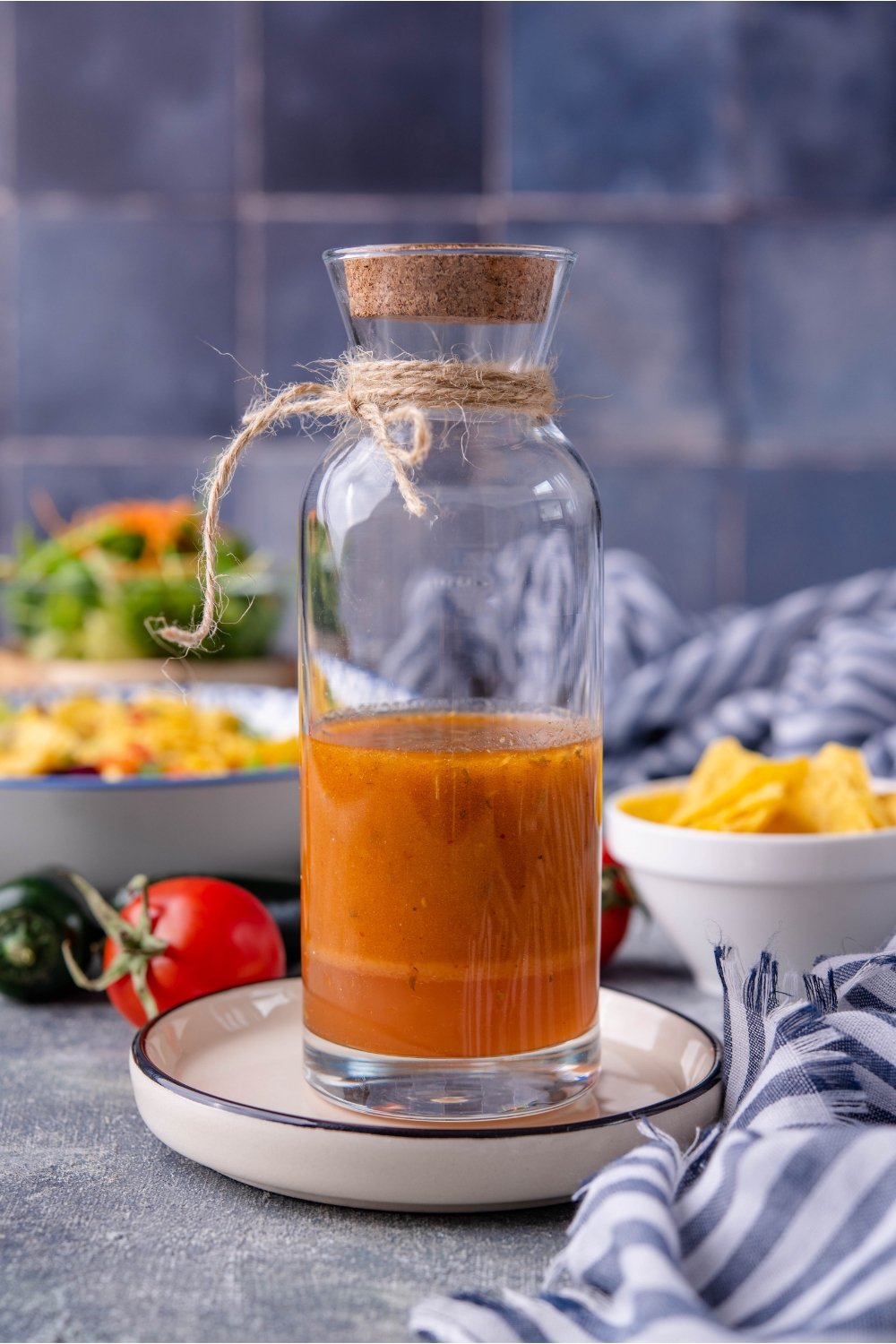 Chipotle honey vinaigrette in a clear dressing bottle with a wood lid and twine tied around the bottle. The bottle is on a white plate and in the background are tortilla chips and an assortment of ingredients.