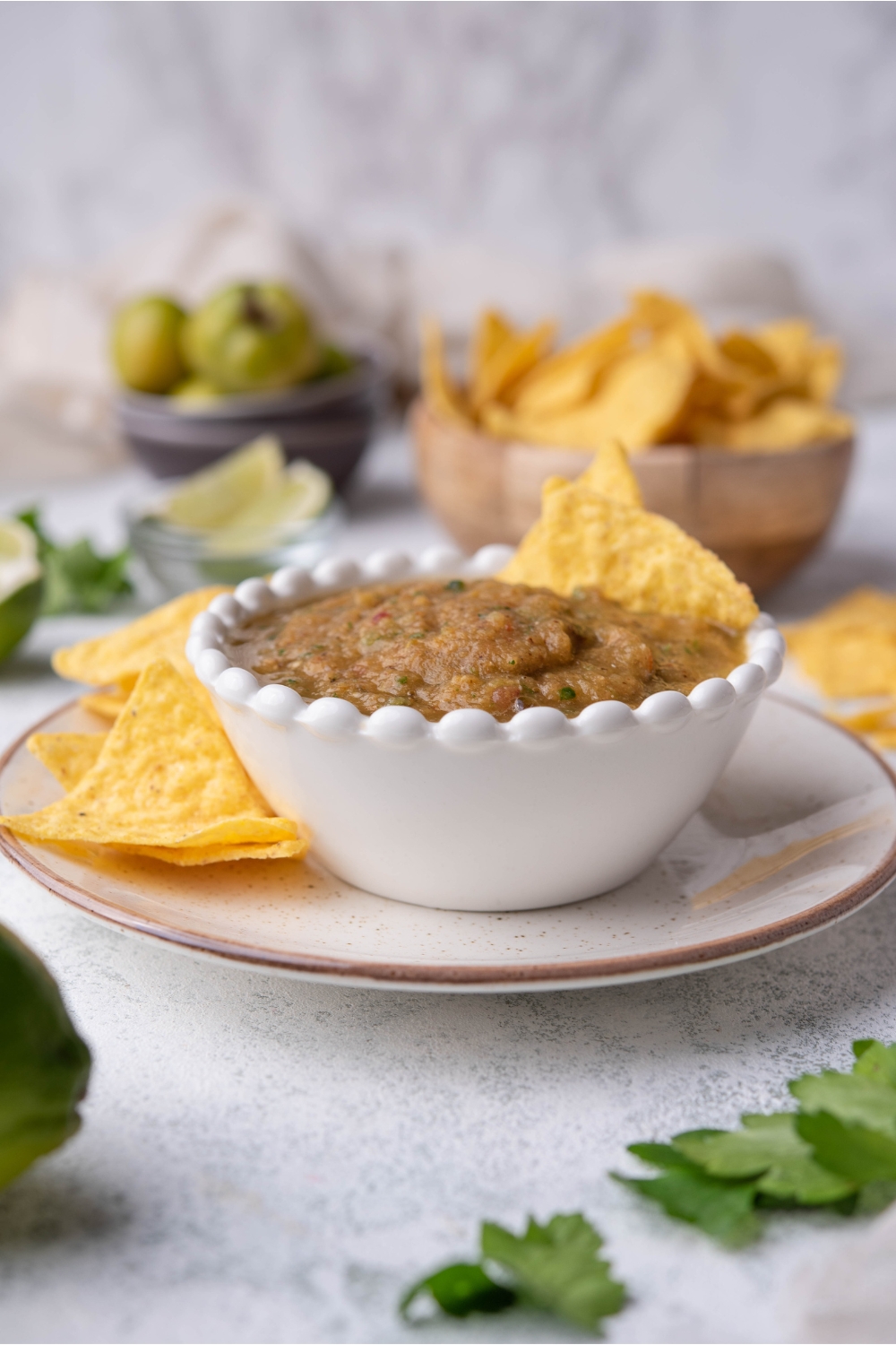Tomatillo salsa in a small white bowl with tortilla chips in the salsa. The bowl is on top of a plate filled with tortilla chips. In the background there is a bowl of tomatillos and a bowl of tortilla chips.