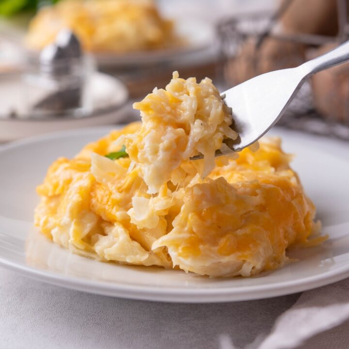 A serving of crockpot cheesy potatoes on a white plate with a fork holding a bite of cheesy potatoes.