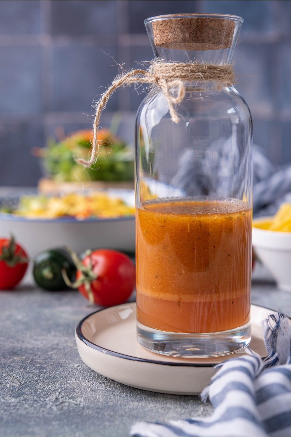 Chipotle honey vinaigrette in a clear dressing bottle with a wood lid and twine tied around the bottle. The bottle is on a white plate and in the background are tomatoes and an assortment of ingredients.