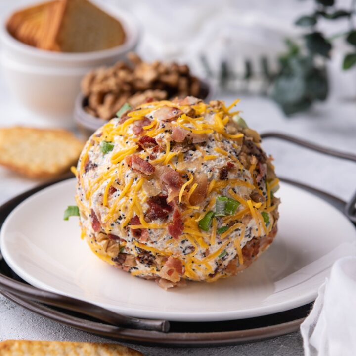 A cheese ball on a white plate layered on a round serving dish, surrounded by crackers and a bowl of chopped nuts.
