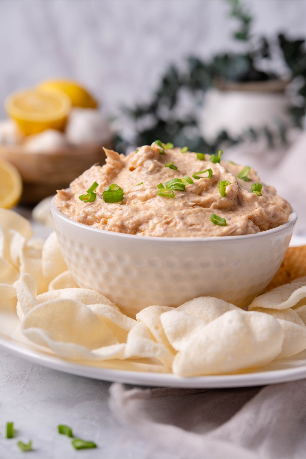 Smoked tuna dip in a white serving bowl garnished with chopped green onions. The bowl of dip is on a white plate and surrounded by chips.