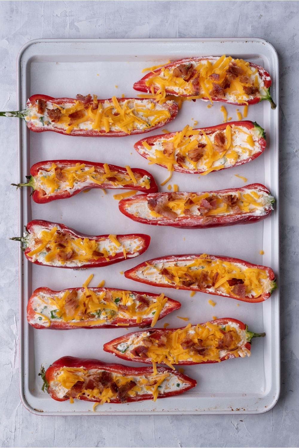 Cream cheese stuffed peppers topped with shredded cheese and bacon lined on a baking sheet with parchment paper.