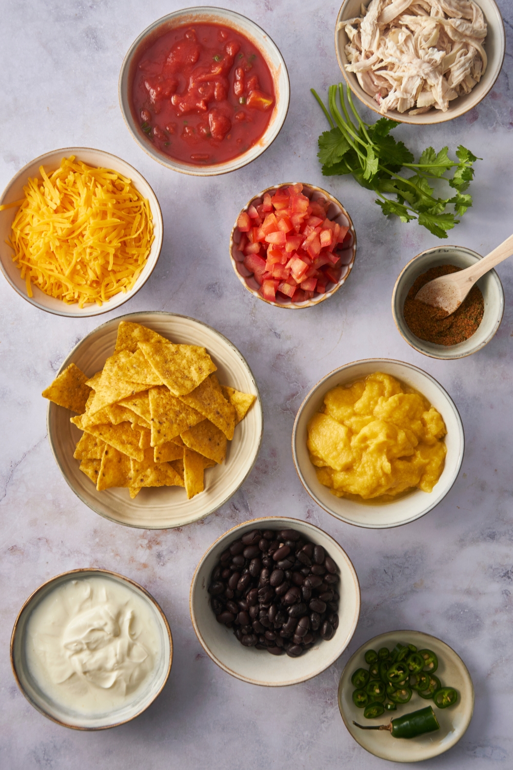 A bowl of black beans, a bowl of sour cream, a bowl of tortilla chips, bowl of shredded cheese, a bowl of diced tomatoes, a bowl of crushed tomatoes, edible shredded chicken all on a gray counter.