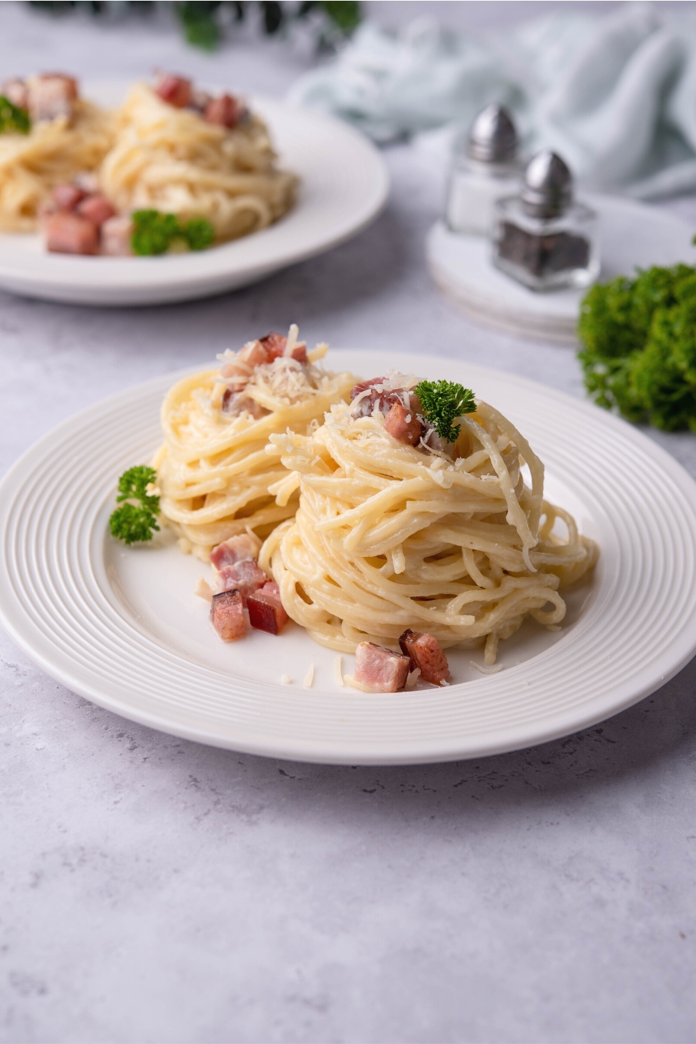 Two bundles of spaghetti noodles with diced pancetta and some Parmesan cheese on them on a white plate..