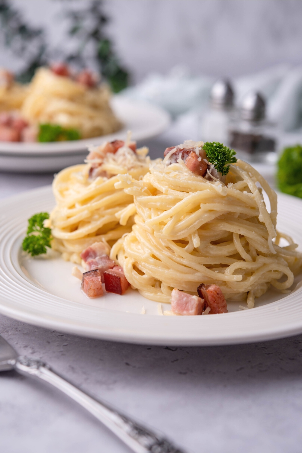 A bundle of spaghetti noodles with some diced pancetta on a white plate.