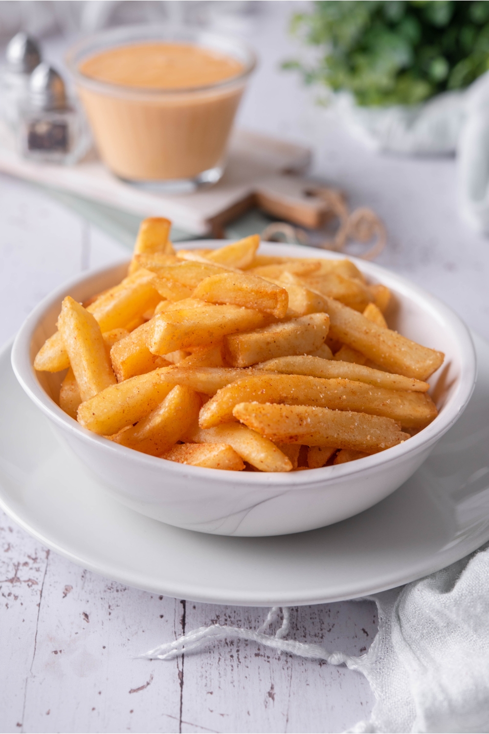 A bowl of seasoned french fries atop a white plate, with a bowl of cheese sauce in the background.