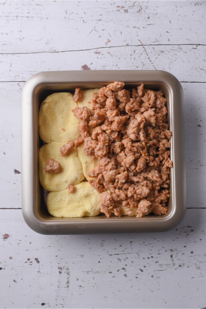 Biscuits and Gravy Casserole (Sausage, Eggs, and Cheese)