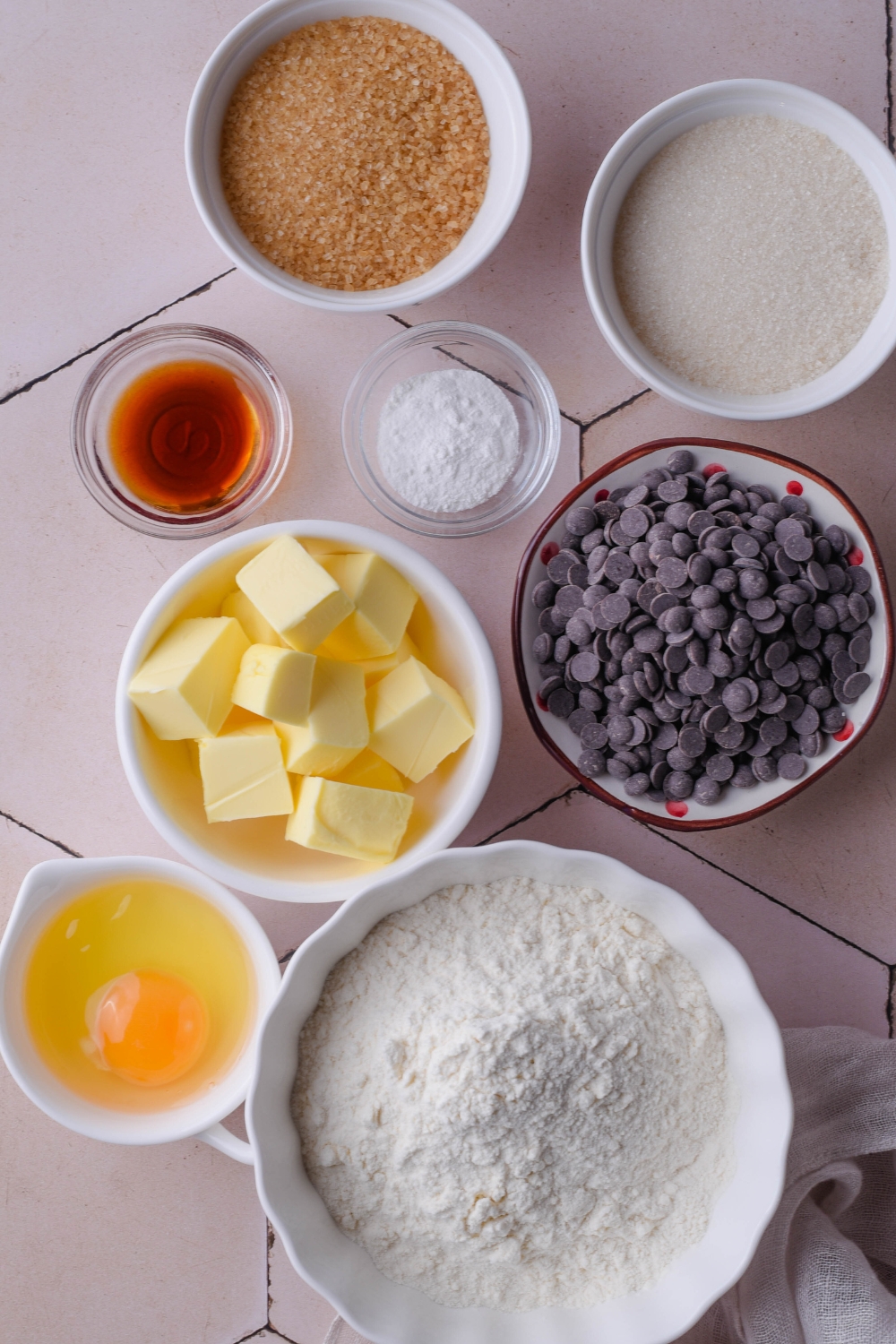 An overhead view of the ingredients to make chocolate chip cookie bars.