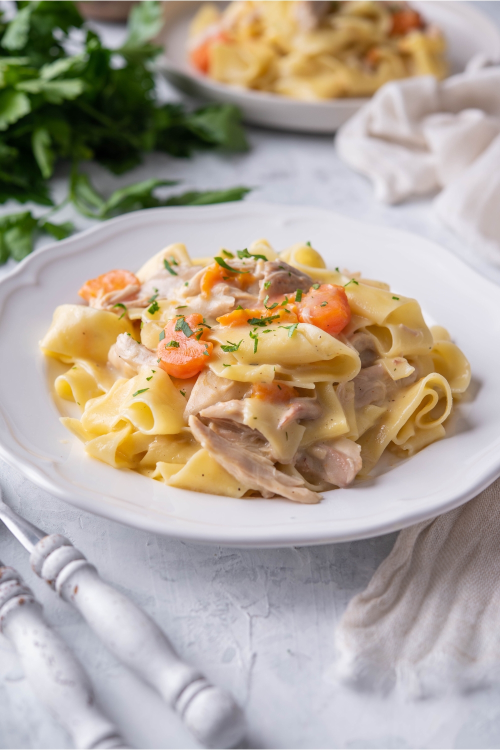 A plate of shredded chicken with egg noodles, carrots, and a garnish of fresh herbs.