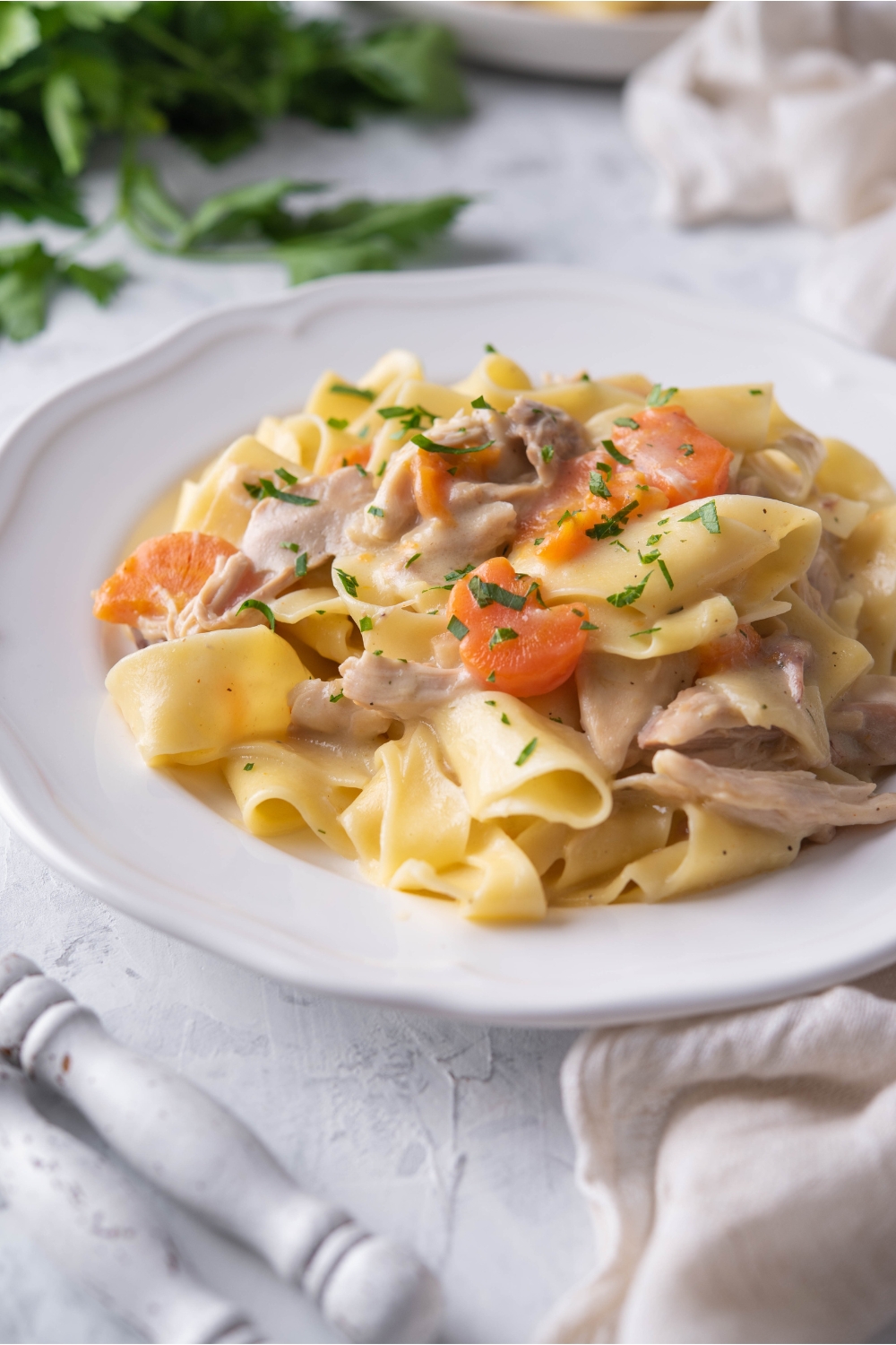 A plate of shredded chicken with egg noodles, carrots, and a garnish of fresh herbs.