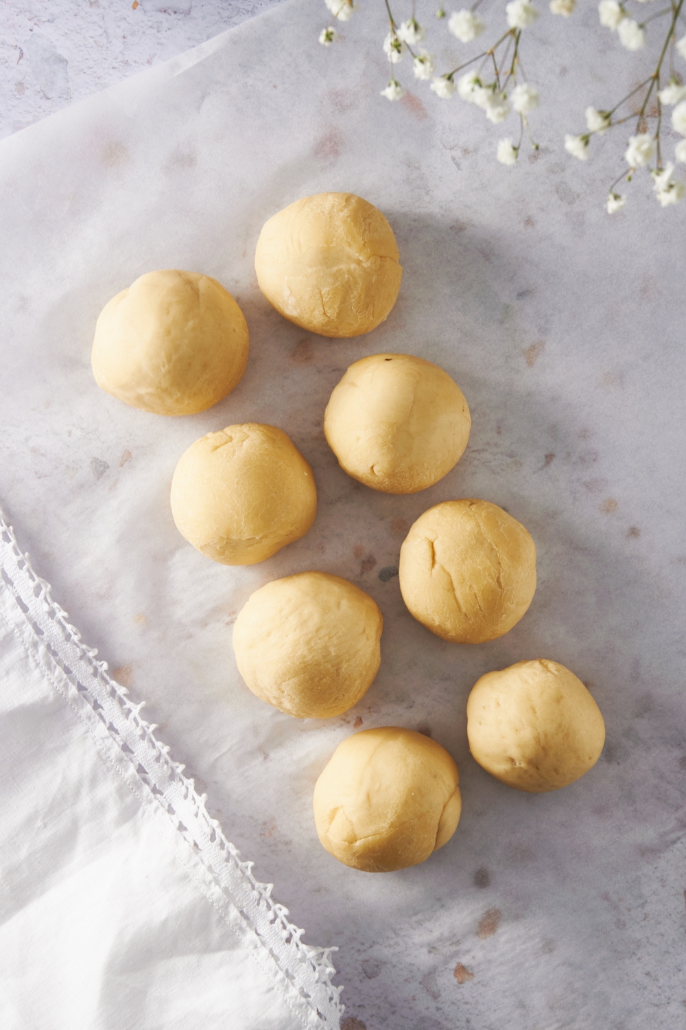 An overhead view of 8 balls of bread dough balls on parchment paper.