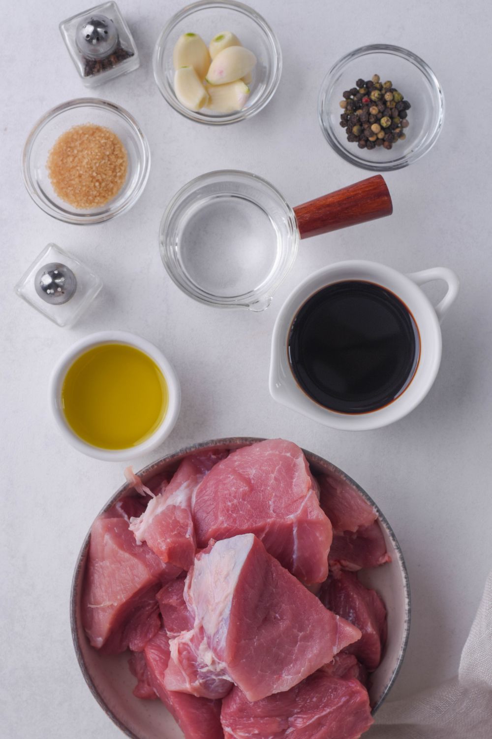 An overhead view with ingredients to make pork adobo.