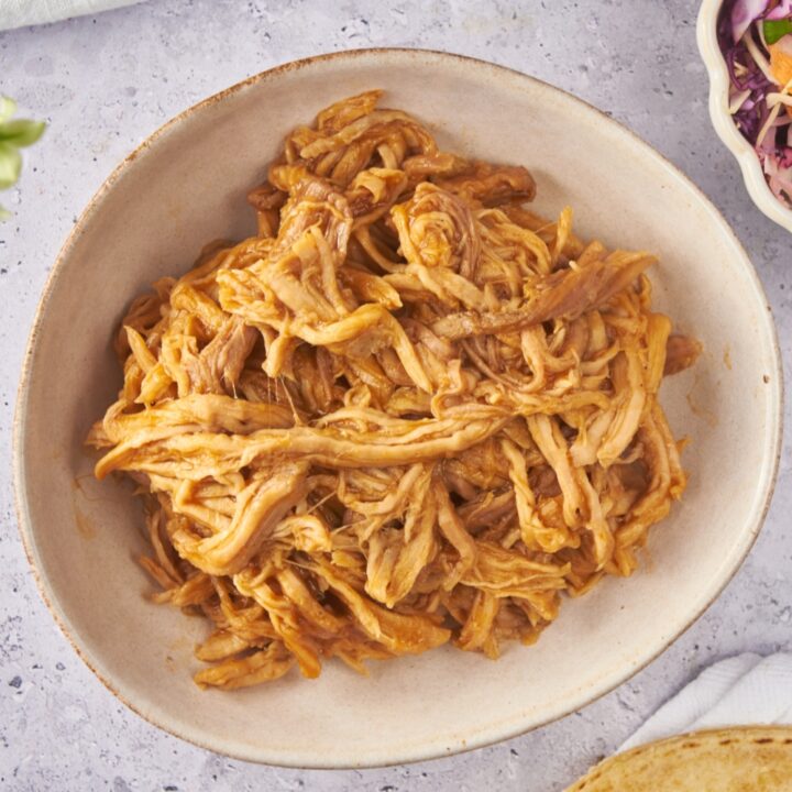 A bowl of BBQ pulled pork in a white bowl.