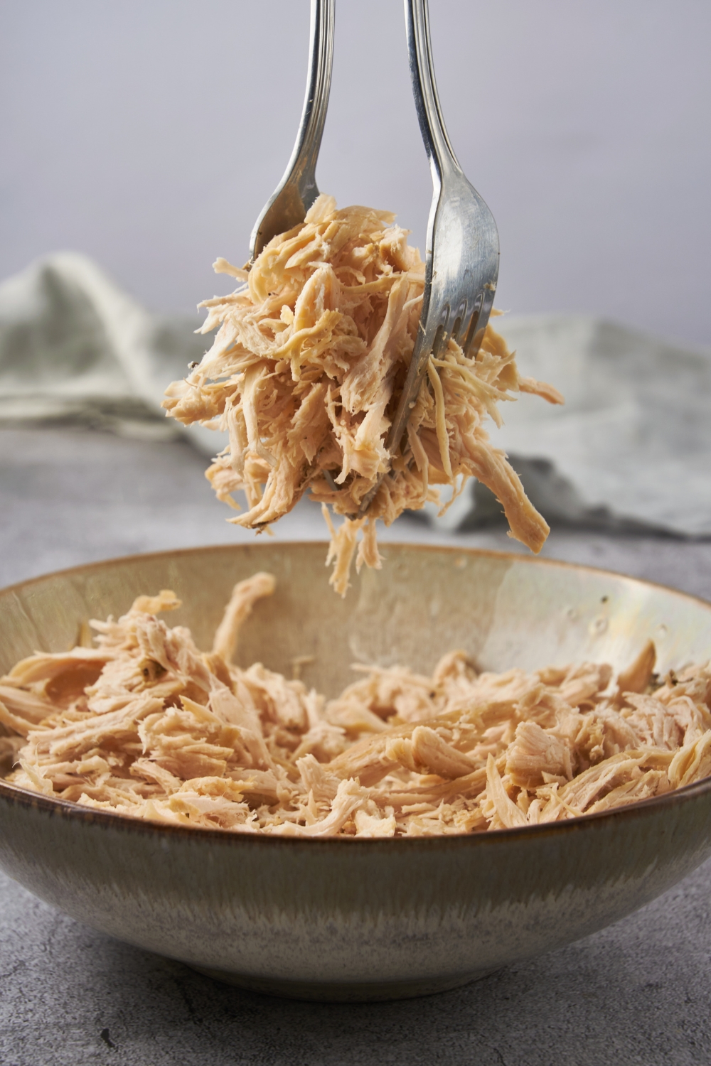 A scoop of shredded chicken held by two forks above a bowl of shredded chicken.