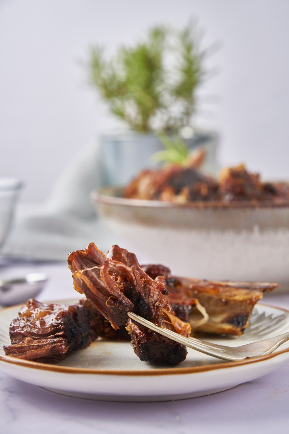 A plate with beef back ribs on it and a fork holding a piece of rib meat is resting on the plate.