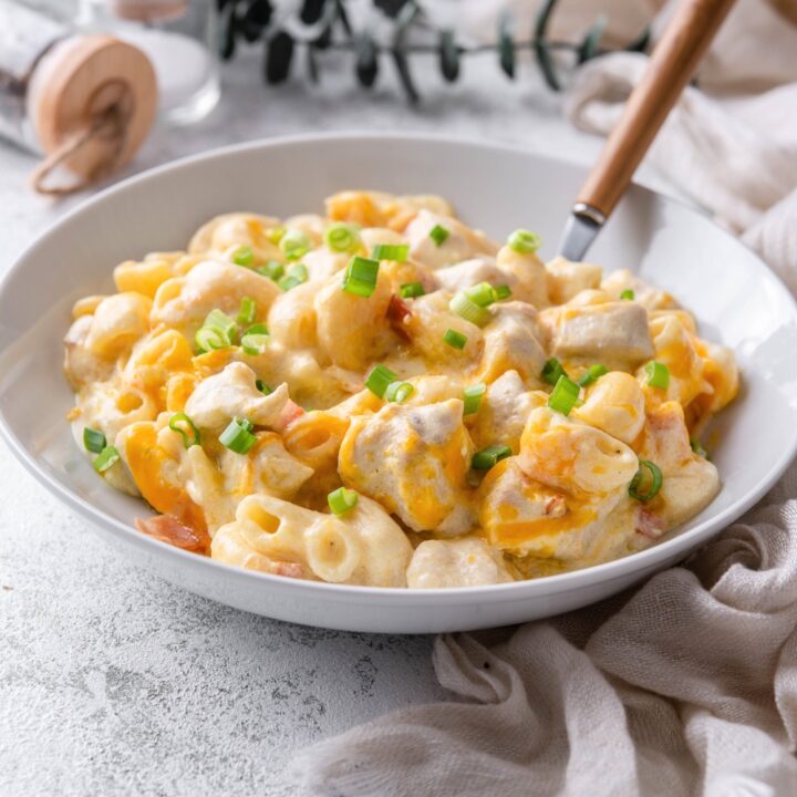 A white bowl filled with noodles and chicken covered in a creamy sauce and shredded cheddar cheese.