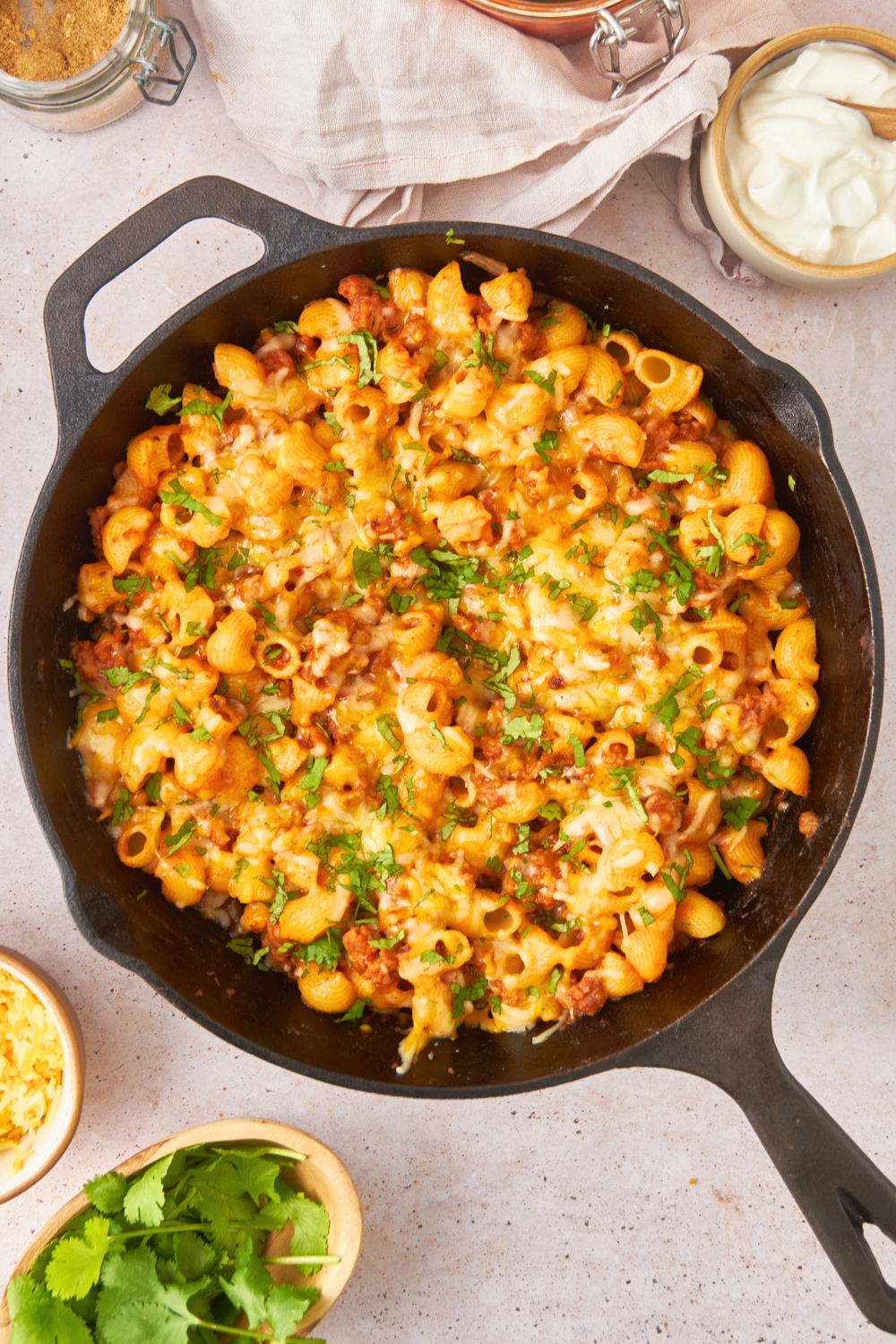 A taco bake in a skillet.