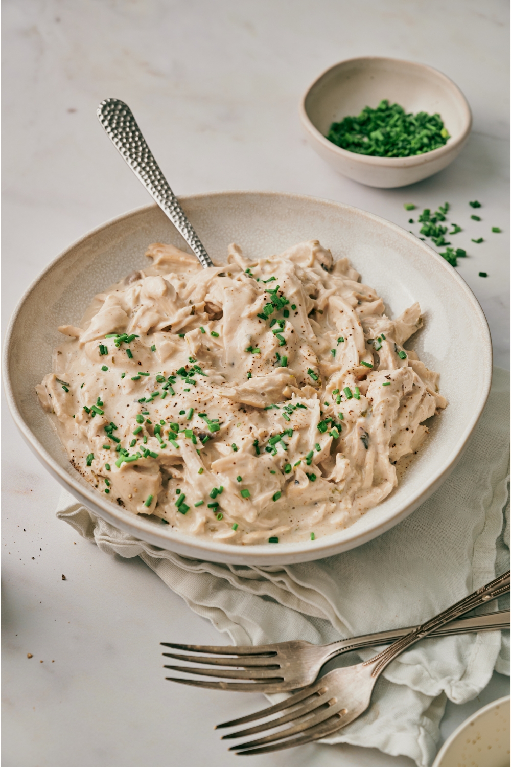 A bowl with cream cheese chicken garnished with chives.