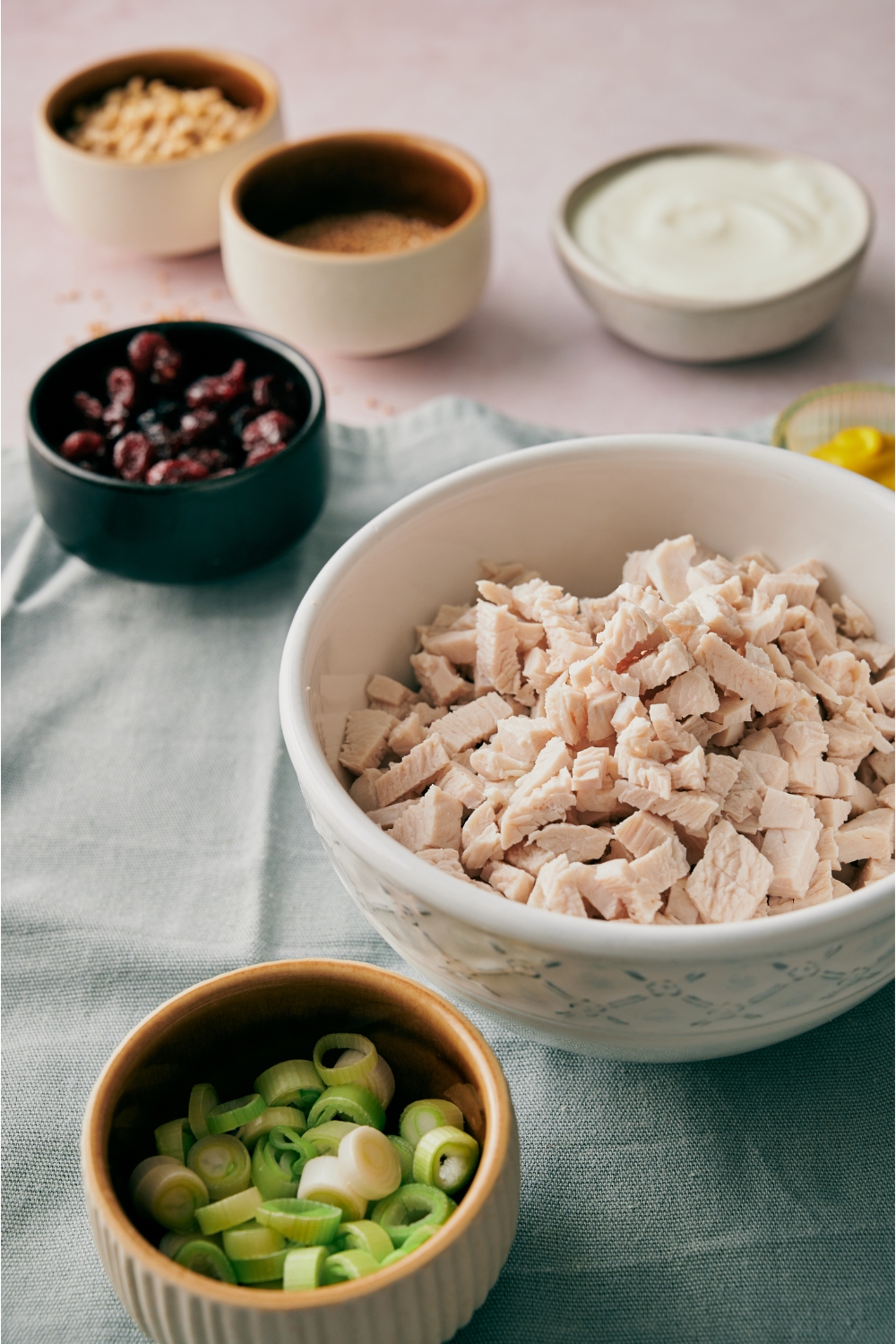 A bowl of diced chicken next to smaller bowls of green onions, dried cranberries, mayonnaise, and pine nuts.