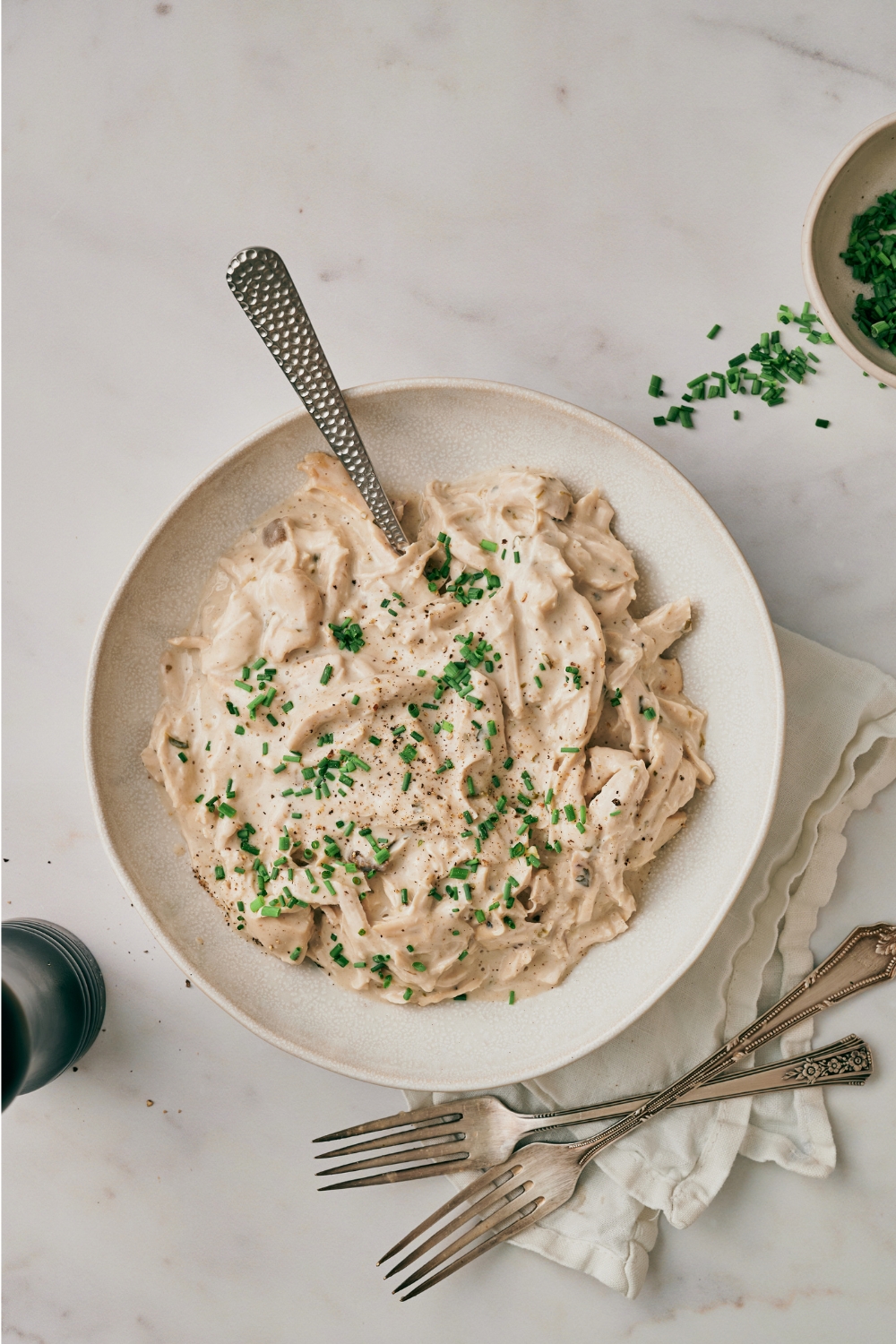 A bowl with cream cheese chicken garnished with chives.