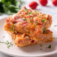 A square of mexican breakfast casserole on top of another square of the casserole on a white plate.