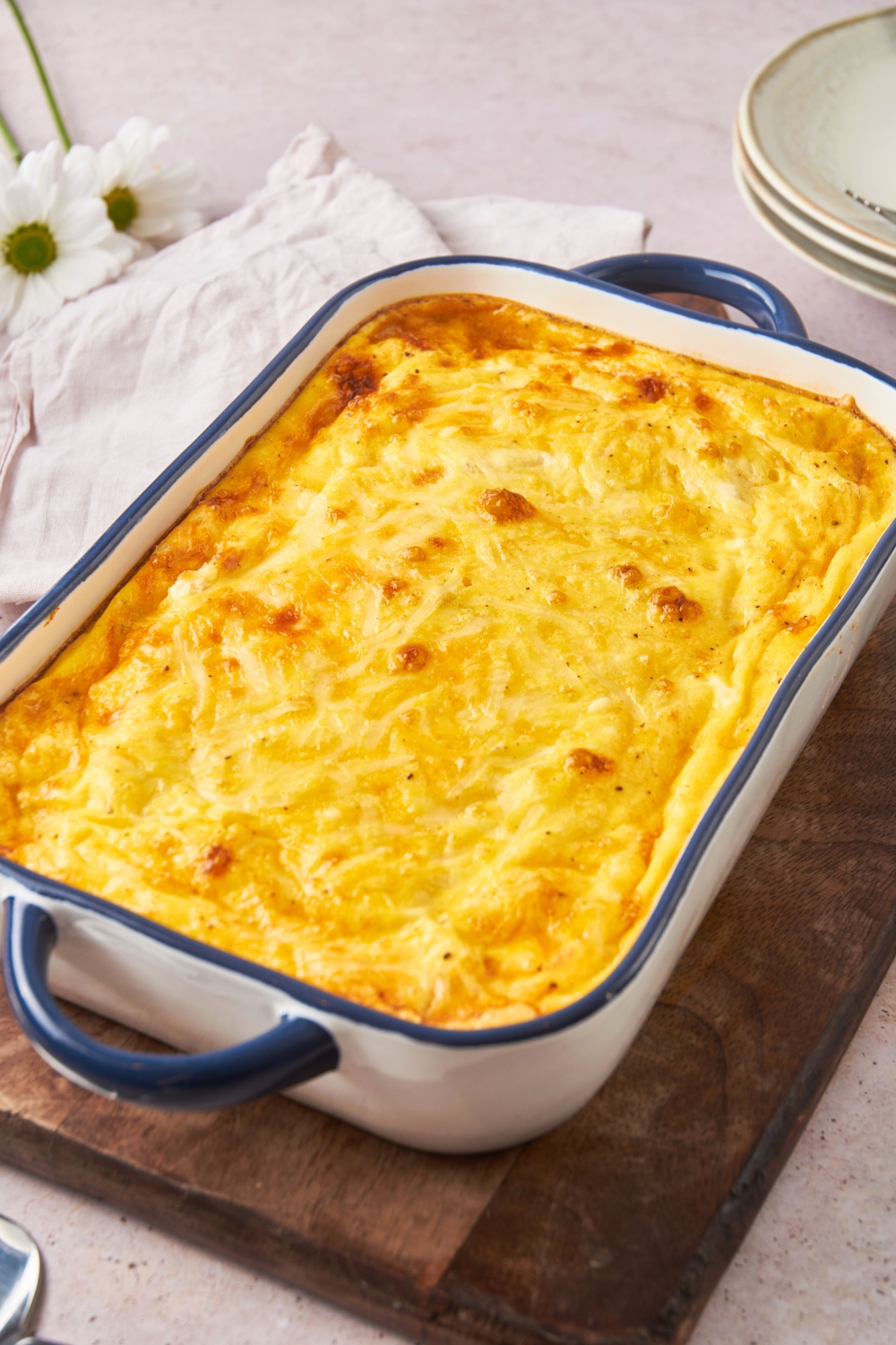 A cream cheese sausage casserole in a baking dish.