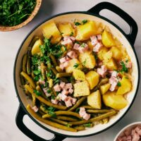 A pot with ham, green beans, and diced potatoes.