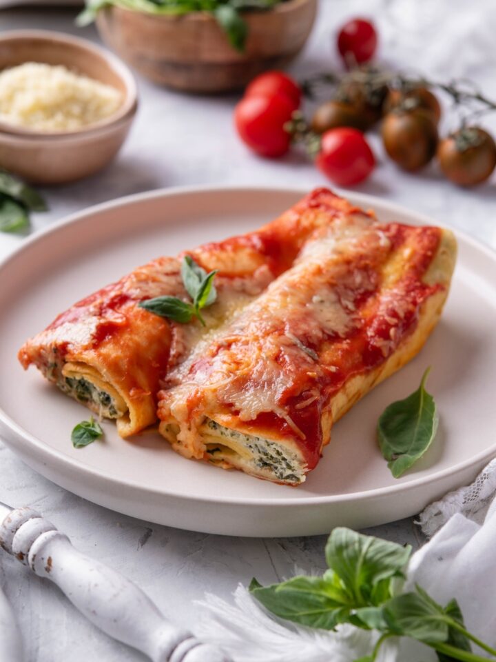 A plate with manicotti crepes garnished with basil leaves.