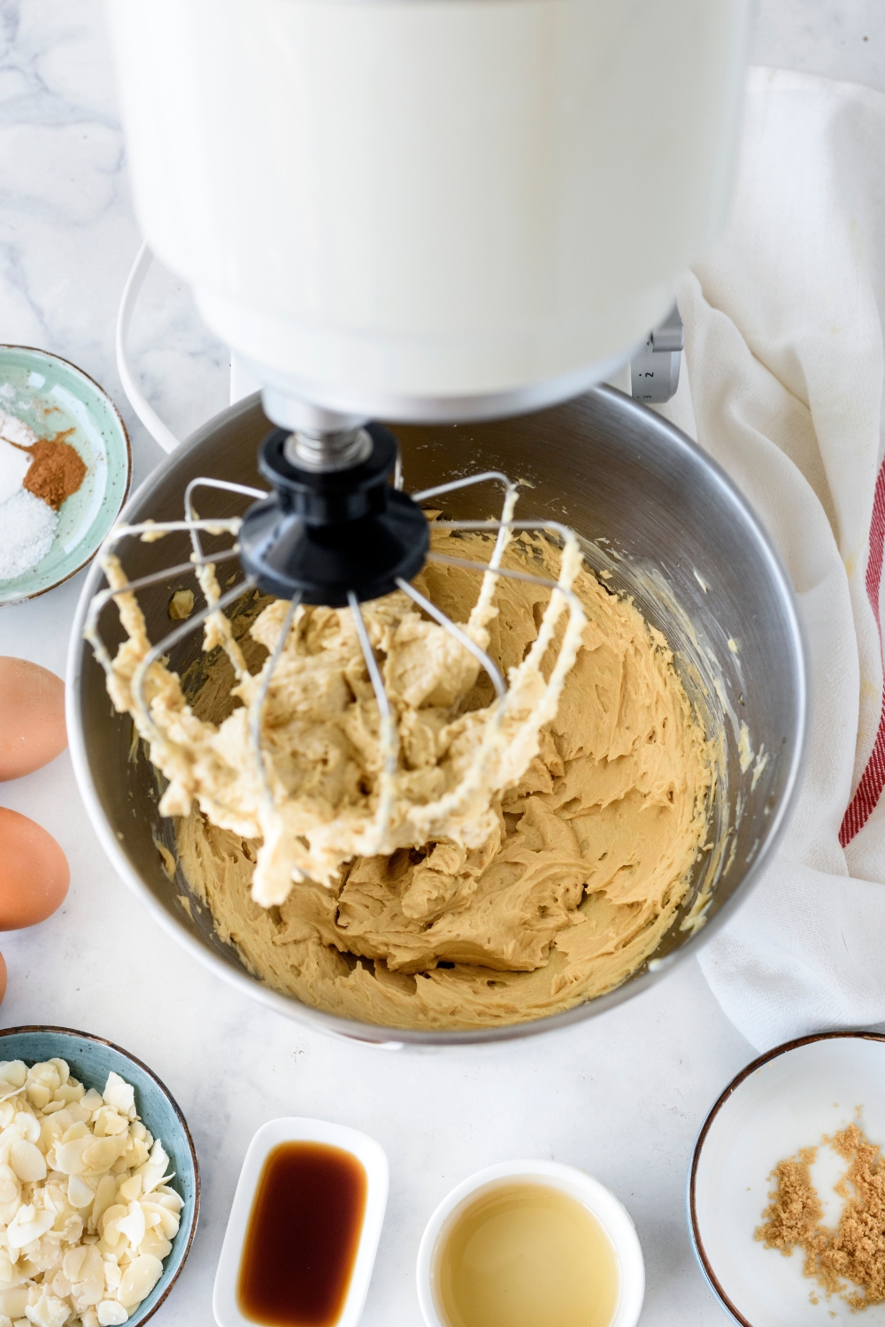 Honey cake batter in a stand mixer.