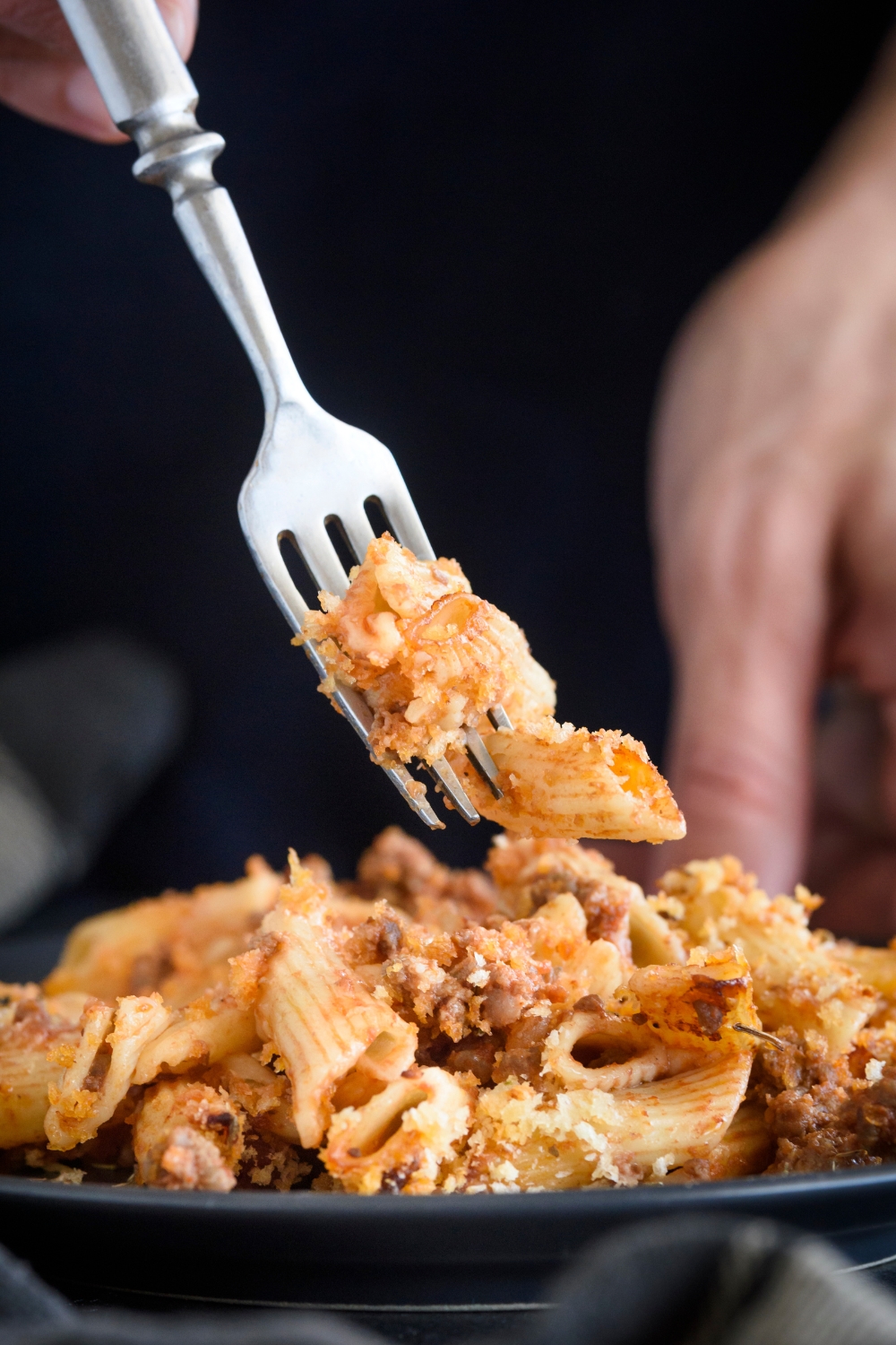 A fork holding pieces of pasta covered in sauce above a plate of Italian casserole.