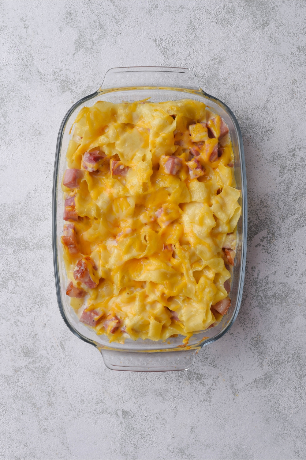 A baking dish filled with ham and noodle casserole covered in a layer of melted cheese.