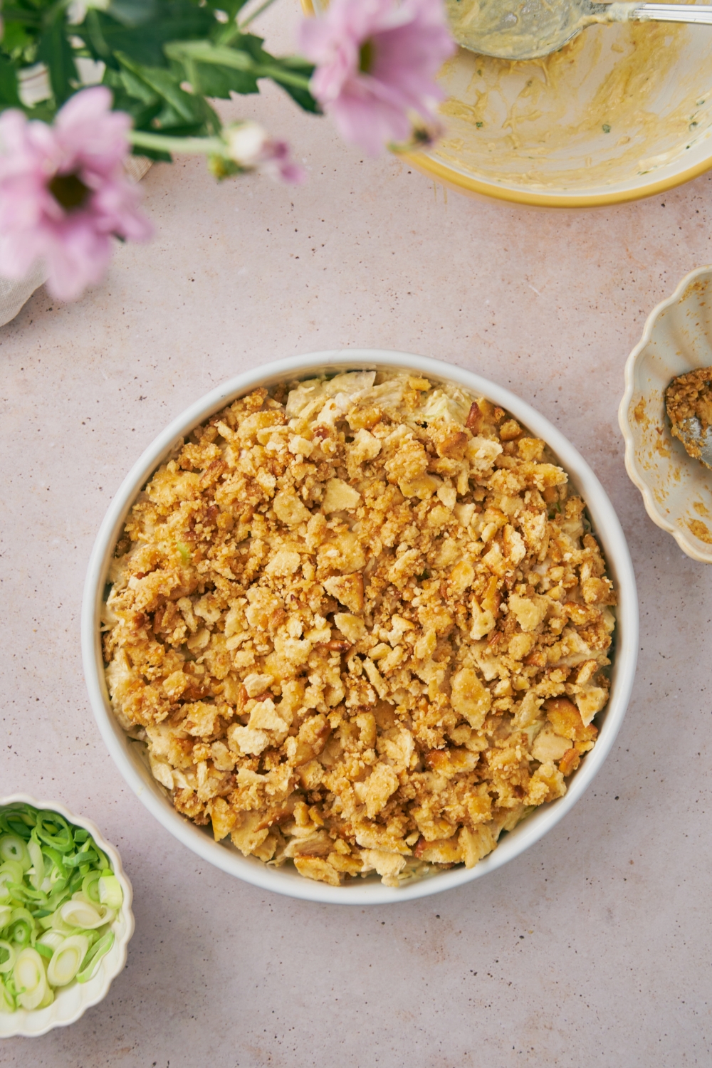 Chicken casserole topped with a cracker crumb topping.