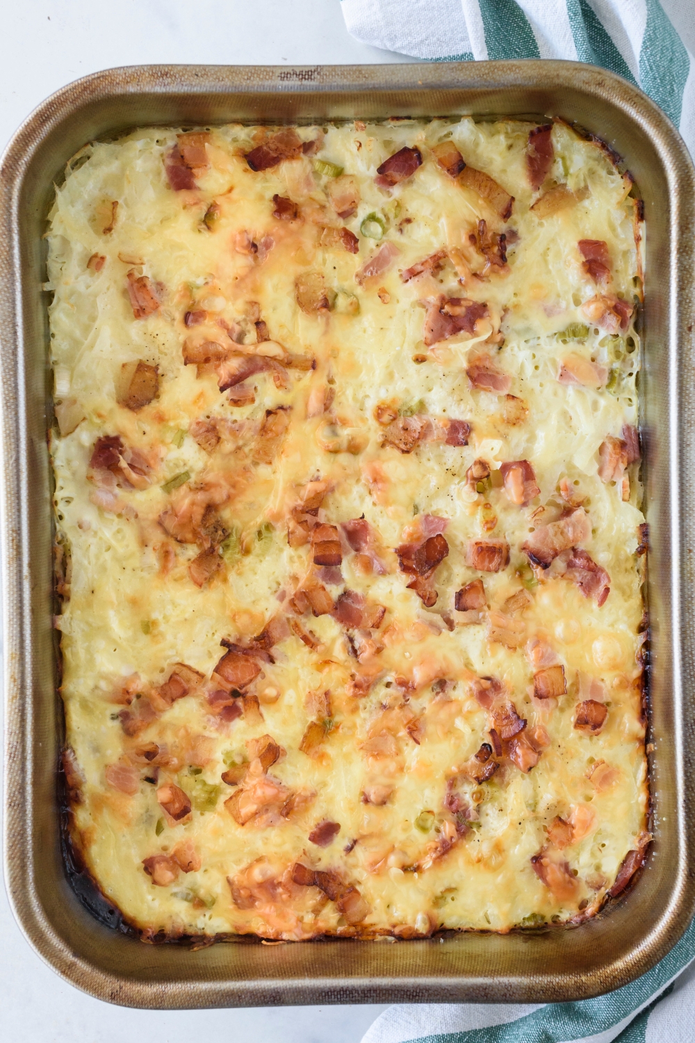 A casserole dish with baked farmers casserole.