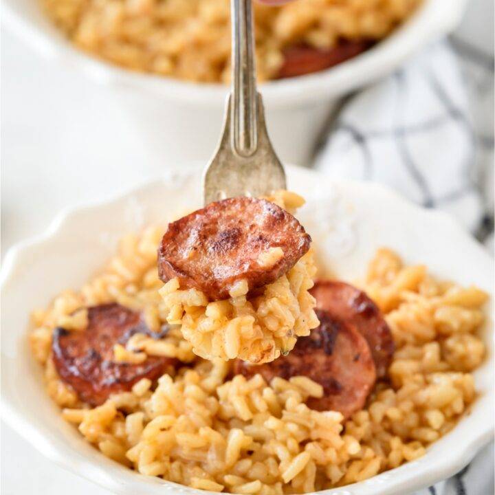 A fork holding a scoop of dirty rice with a cooked sausage slice on top.
