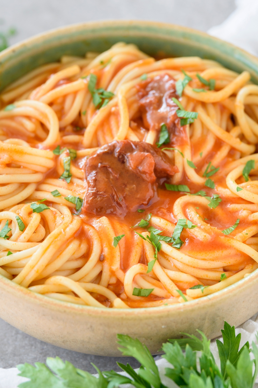 A bowl of spaghetti noodles covered in tomato sauce.