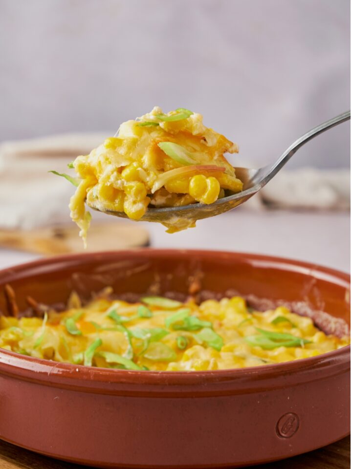 A spoonful of cooked jalapeno corn casserole