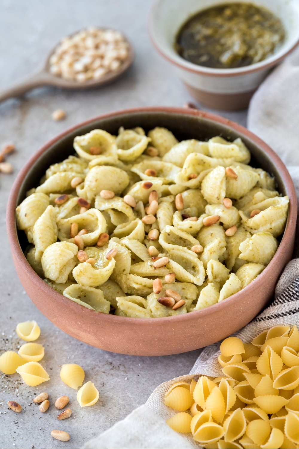 A bowl with creamy pest pasta topped with pine nuts.