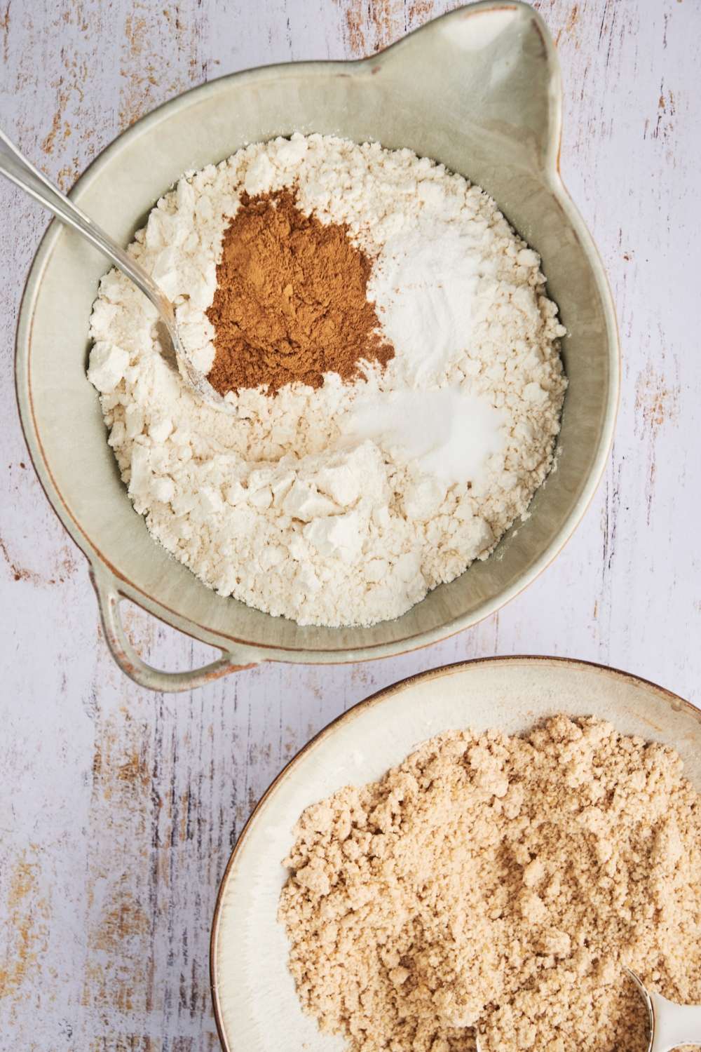 A mixing bowl with the dry ingredients.