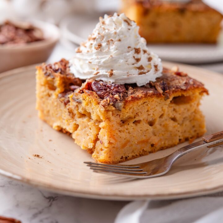 A plate with pumpkin dump cake topped with whipped cream and sprinkled with cinnamon.