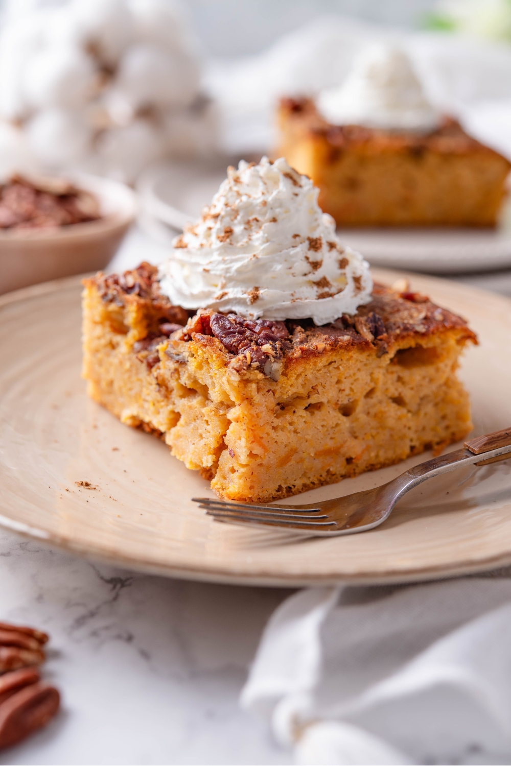 A plate with pumpkin dump cake topped with whipped cream and sprinkled with cinnamon.