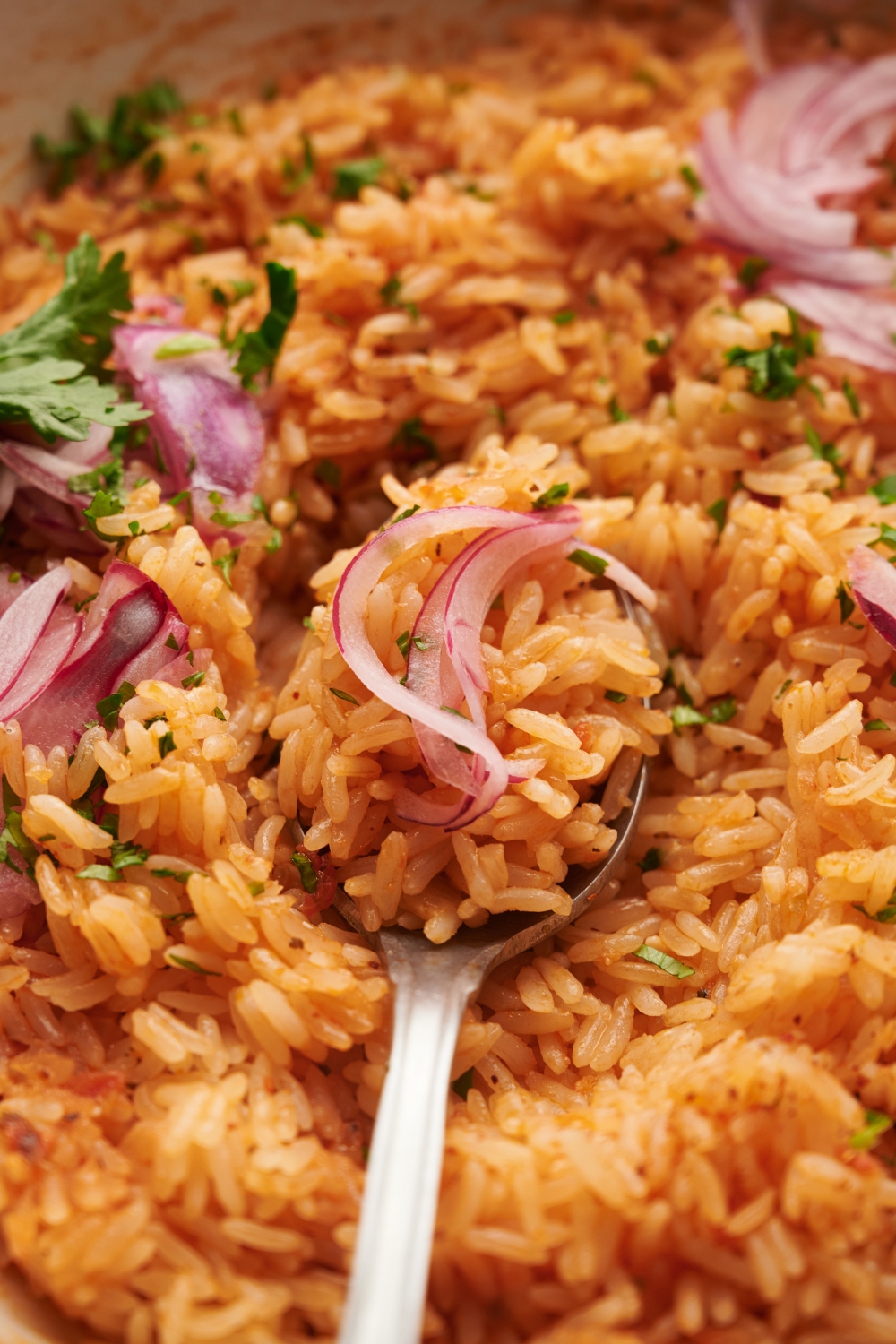 A spoon rests on a bed of arroz rojo. Red onion and cilantro are on top of it.