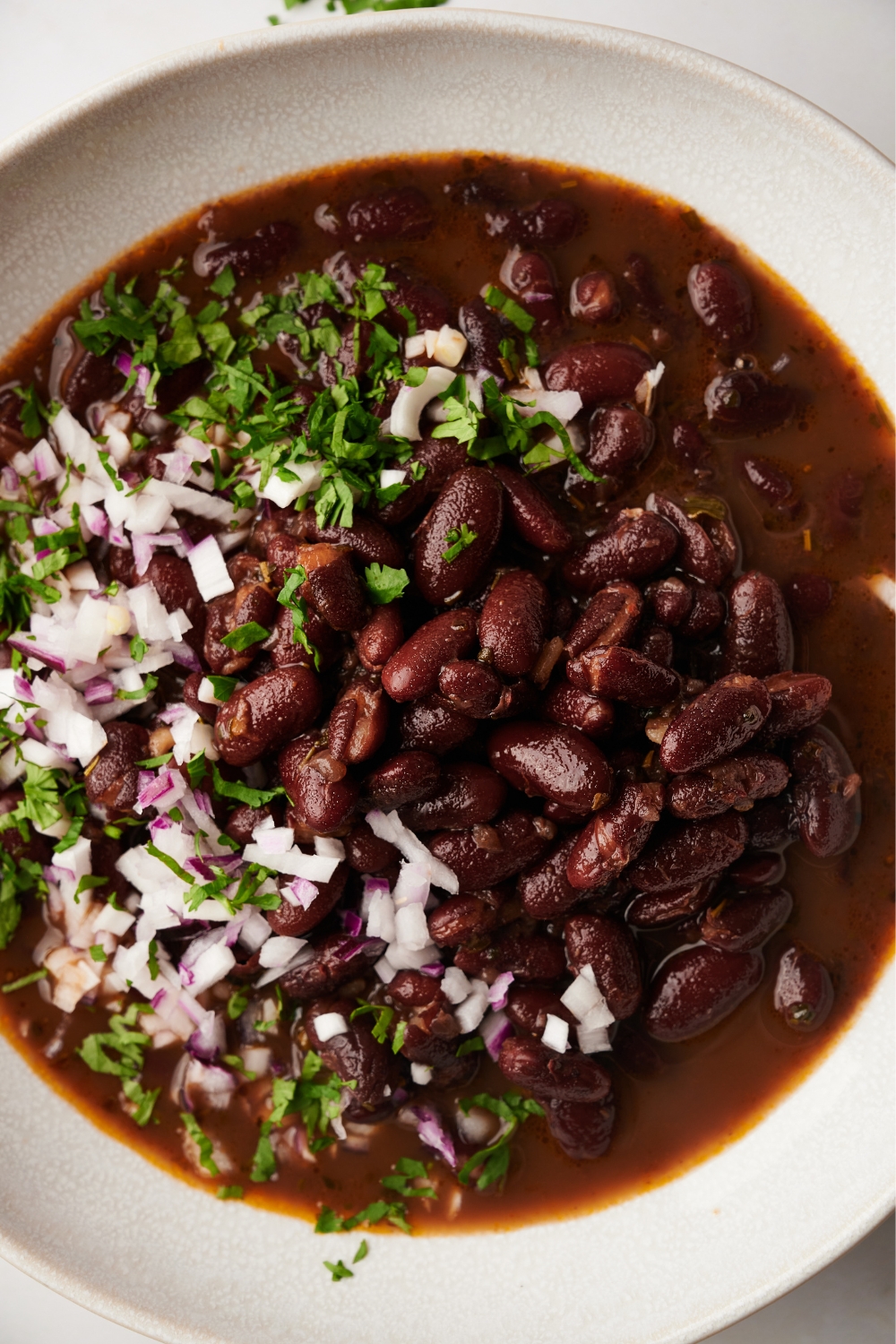 Kidney beans, cilantro, and onions in a white bowl filled with a broth.