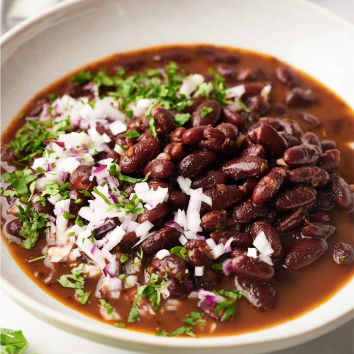 A bunch of red beans and onions with cilantro in broth in a white bowl.