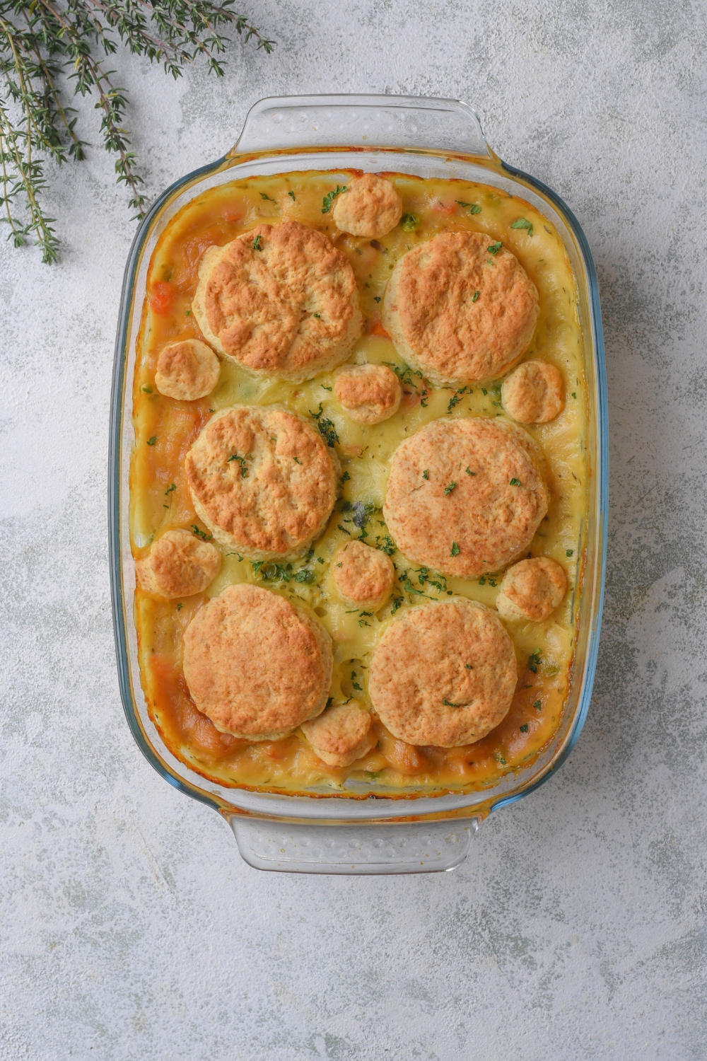 Golden brown biscuits on top of a turkey pot pie in a glass rectangular casserole dish on a grey counter.