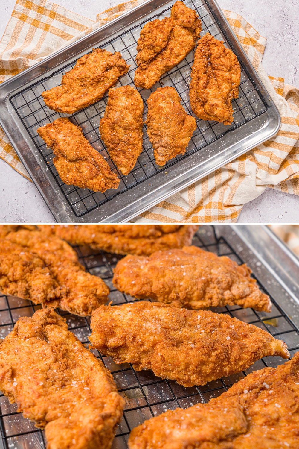 A two way split picture: the top is a six pieces of fried chicken breast on a wire rack. The bottom is a bunch of crispy fried chicken breasts on a wire rack.