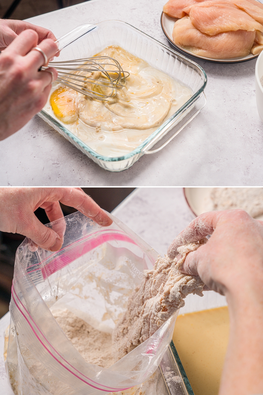 A two way split picture: the top picture has a hand whisking a fried chicken batter in a ziploc bag. The bottom picture is a hand dipping a piece of chicken in a bag.