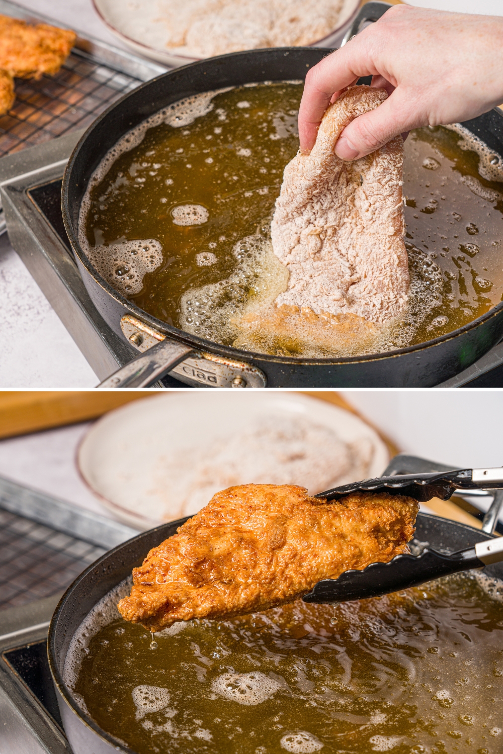 A two way split picture: the top picture has a hand dipping a piece of raw floured chicken in a pan of oil. The bottom picture is tongs holding a piece of crispy fried chicken over a pot of oil.