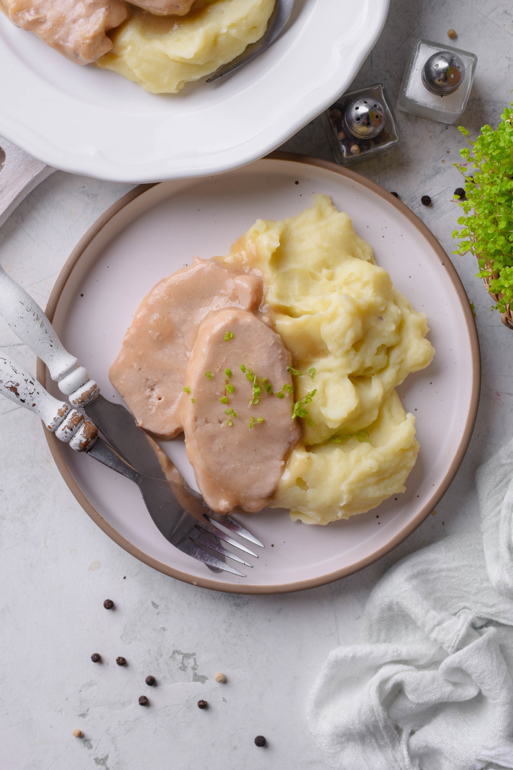 A white plate holds pork chops and mashed potatoes. There is a set of silver ware on the plate as well.